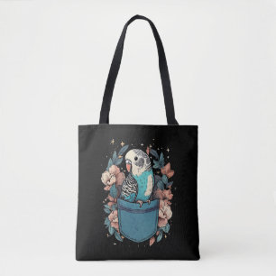 Tote Bag Budgie dans une poche   Oiseau floral