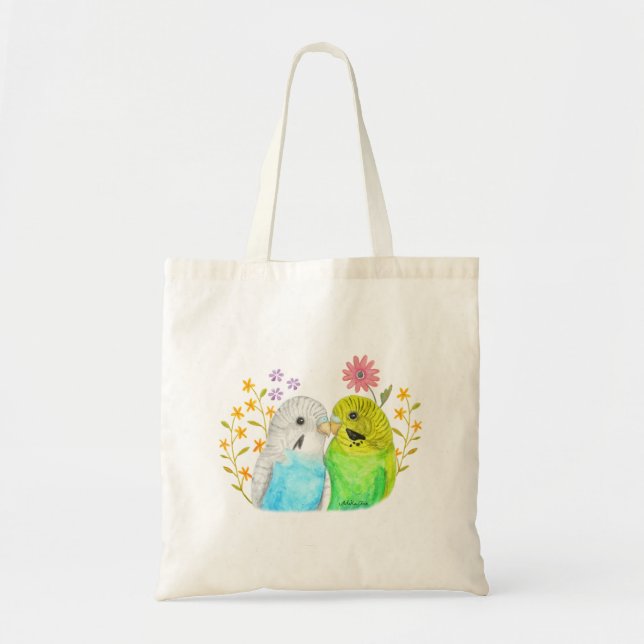 Tote Bag Budgie Parakeet Oiseaux et fleurs Aquarelle Art (Devant)