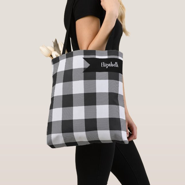 Tote Bag Buffalo Check blanc et noir Carrés plaid (De près)