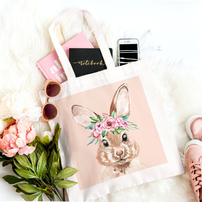 Tote Bag Bunny D'Aquarelle Rose Pastel Moderne Avec Fleurs (Créateur téléchargé)