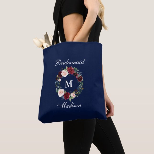 Tote Bag Burgundy Blue Floral Wreath Bridesmaid (De près)
