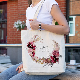 Tote Bag Burgundy Blush Floral Pampas Grass Mariage