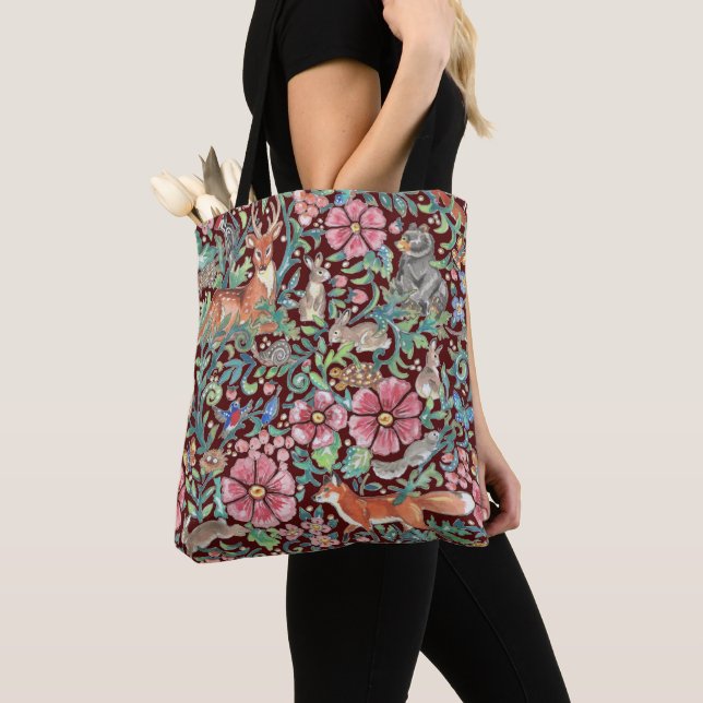 Tote Bag Burgundy Floral Aquarelle Bois Animal Fall (De près)