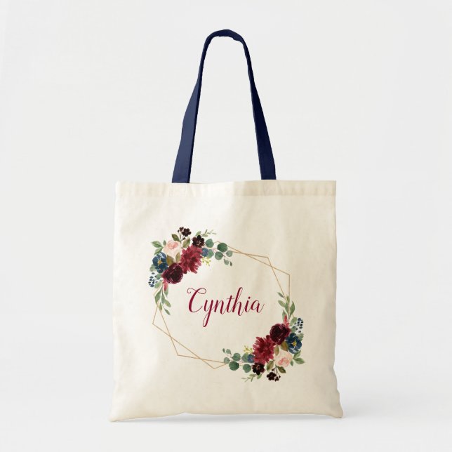 Tote Bag Burgundy Navy Blue Floral Classal Cadre géométriqu (Devant)