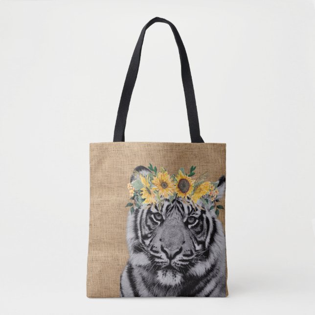 Tote Bag Burlap Tiger noir blanc Tournesol Couronne (Devant)