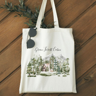Tote Bag Cabane aquarelle dans la forêt verte de pins boisé