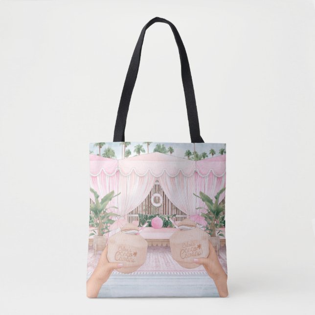 Tote Bag Cabane rayée rose et blanc Cocotier personnalisé (Devant)