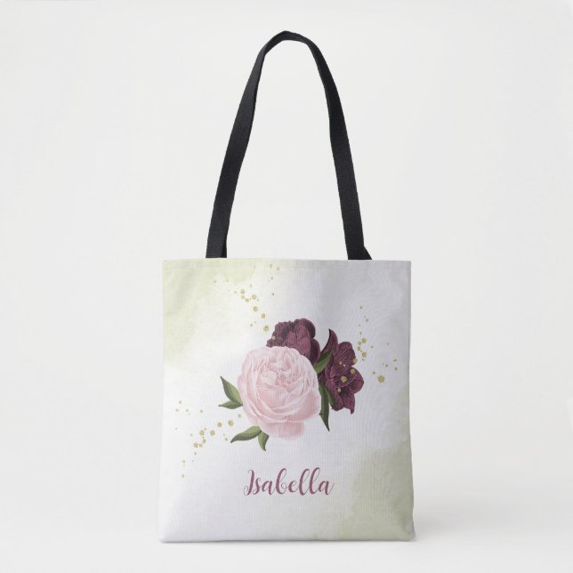 Tote Bag cabernet vert rose fleuri (Devant)