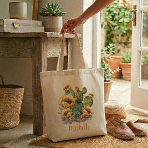 Tote Bag Cactus à fleurs jaunes avec nom