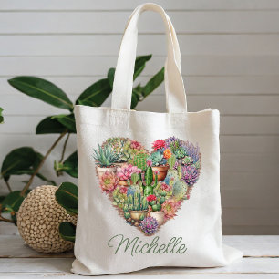 Tote Bag Cactus En Forme De Coeur Avec Nom