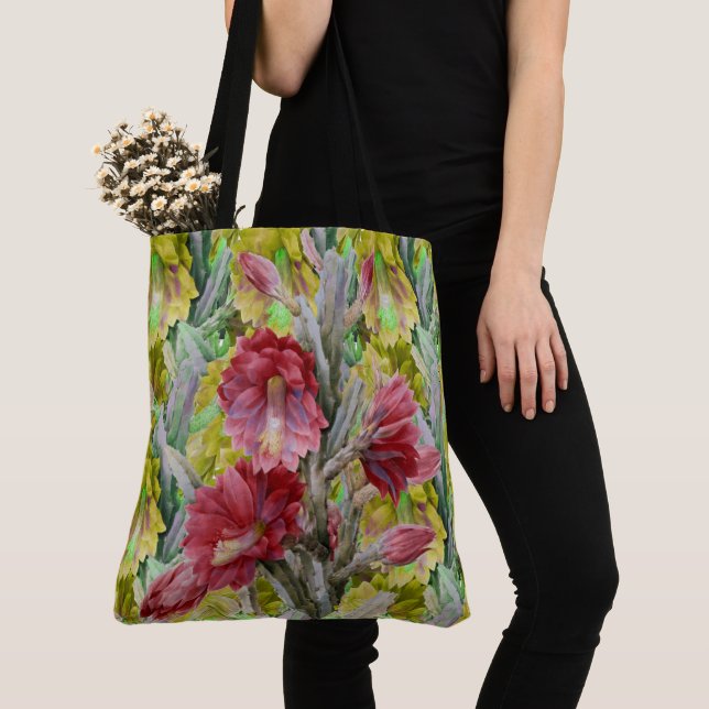 TOTE BAG CACTUS FLEURIER, FLEURS JAUNES ROUGES FLEURS (De près)