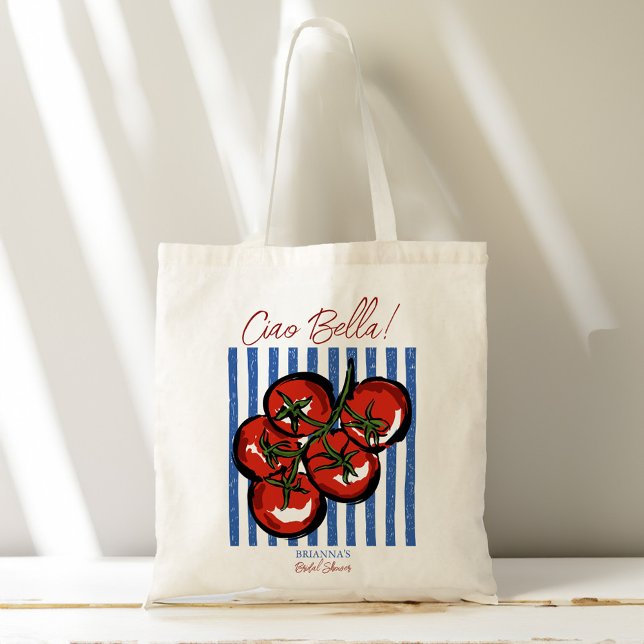 Tote Bag Cadeau de fête de fiançailles italienne tomate Cia (Ciao bella tomatoes blue stripes Italian bridal shower favors personalized Tote Bag bridesmaid gifts)