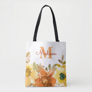 Tote Bag Cadeau de monogramme floral orange personnalisé