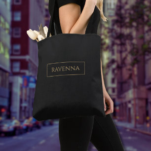 Tote Bag Cadre doré Nom personnalisé Luxe Noir Profond