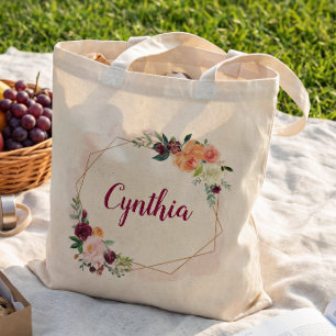 Tote Bag Cadre Floral en Or Géométrique Moderne Demoiselle