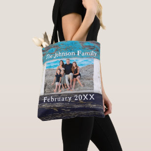 Tote Bag Cadre photo de famille en bois bleu rustique