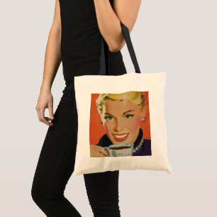 Tote Bag Café Vintage, Femme Heureuse avec Tasse de Café Ré
