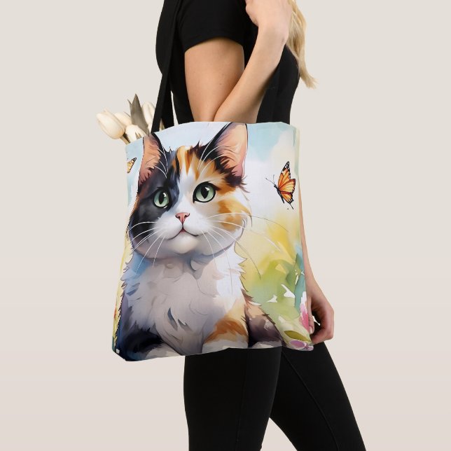 Tote Bag Calico Cat dans le jardin de printemps avec papill (De près)