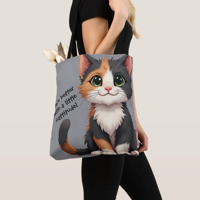 Tote Bag Calico Kitten Whimsical avec attitude (De près)
