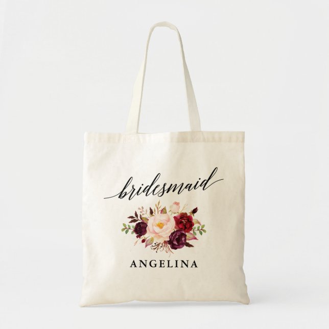 Tote Bag Calligraphie Bourgogne Nom de la servante florale (Devant)