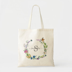 Tote Bag Calligraphie Papillons Fleurs Monogramme Script