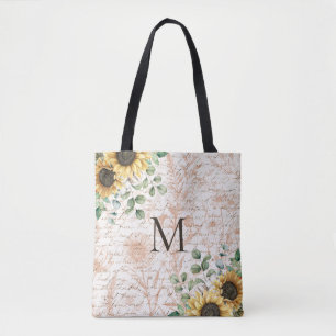Tote Bag Calligraphie Tournesol Rustique Vintage Monogrammé