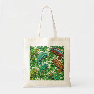 Tote Bag Caméléons Colorés dans la Jungle de Feuilles Tropi