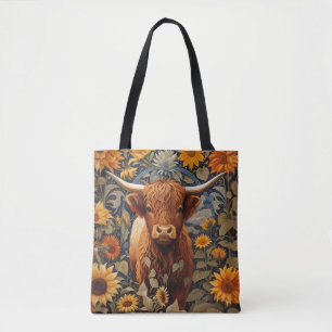 Tote Bag Campagne rustique Highland Cow Sunflowers