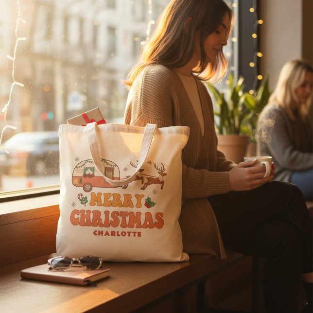 Tote Bag Camping Joyeux renne de Noël Nom personnalisé (Créateur téléchargé)