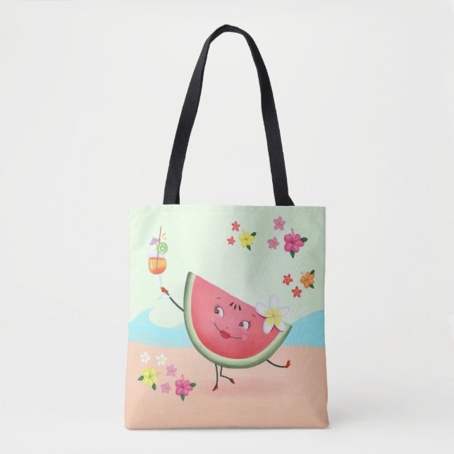 Tote Bag Caractère de pastèque mignonne à la plage (Devant)