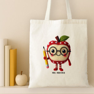 Tote Bag Caractère de pomme rouge mignon avec un crayon Nom