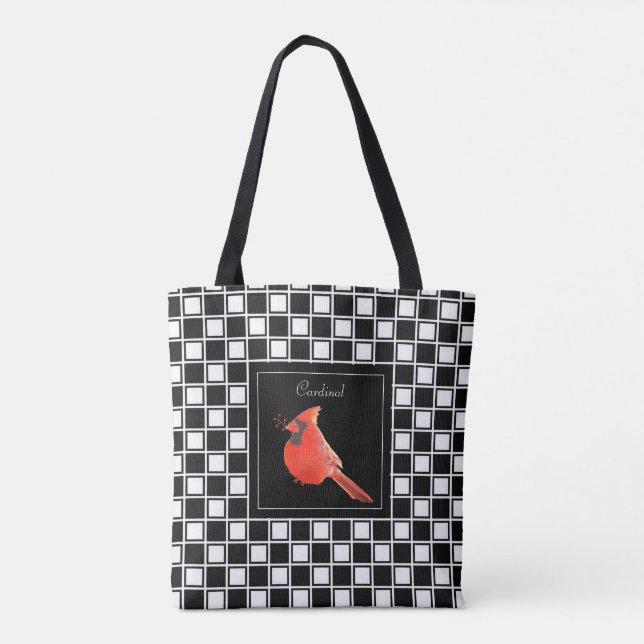 Tote Bag Cardinal oiseau sur noir blanc à damiers motif (Dos)