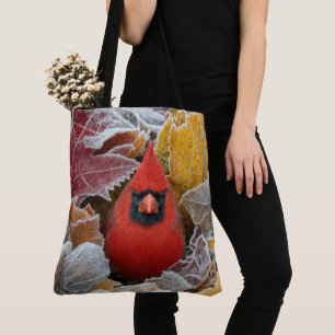 Tote Bag Cardinal rouge dans les feuilles d'automne gelées