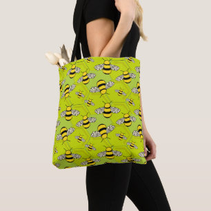 Tote Bag Caricature Bumble Bees et Beehive Green Jaune