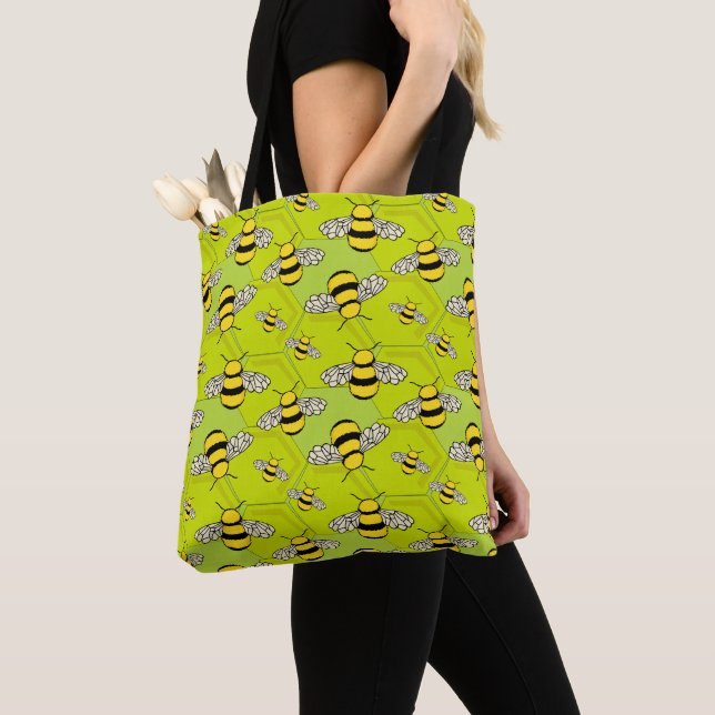 Tote Bag Caricature Bumble Bees et Beehive Green Jaune (De près)