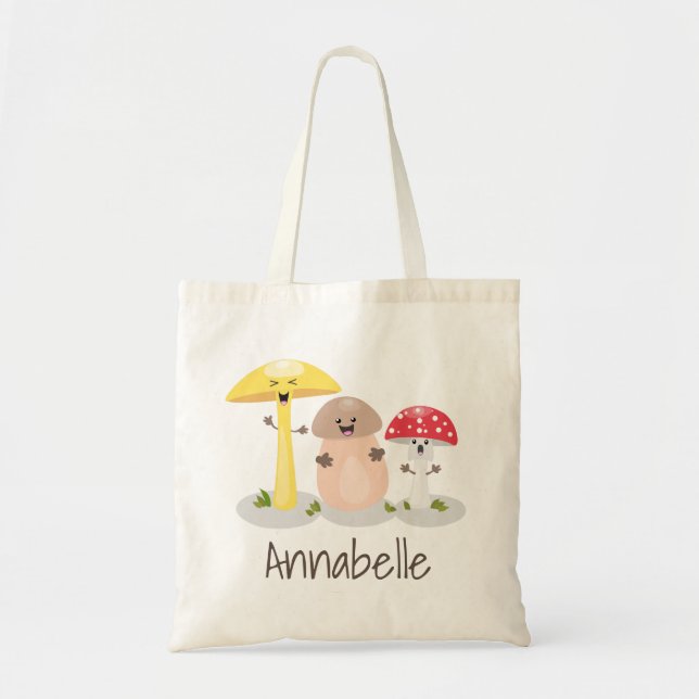 Tote Bag Caricature de champignons joyeux et de tabourets (Devant)