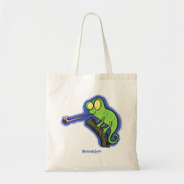 Tote Bag Caricature de lézard de caméléon vert joyeux (Devant)