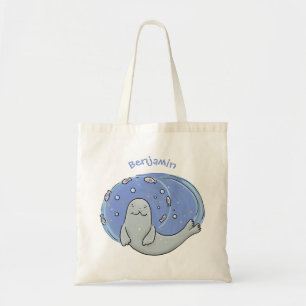 Tote Bag Caricature joyeux de phoque et de poisson bleu