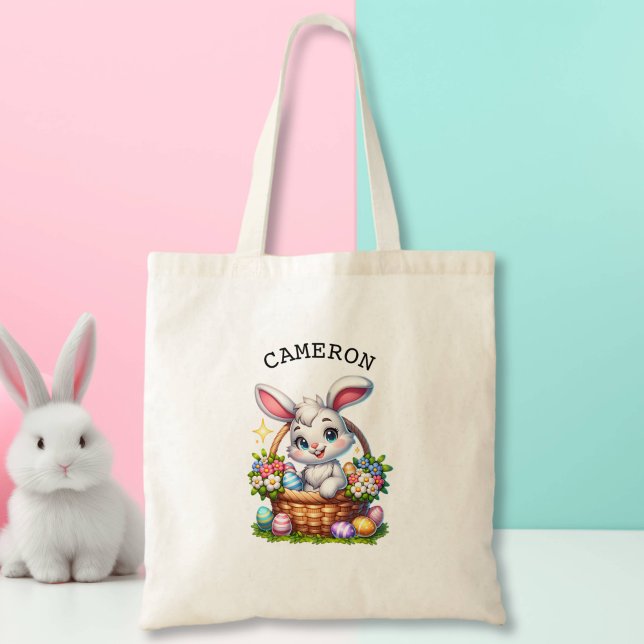 Tote Bag Caricature mignonne lapin de Pâques dans un panier (Créateur téléchargé)