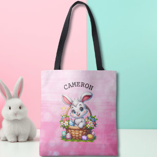 Tote Bag Caricature mignonne lapin de Pâques dans un panier