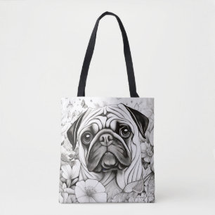 Tote Bag Carlin de chien Nature paisible Prairie Croquis de