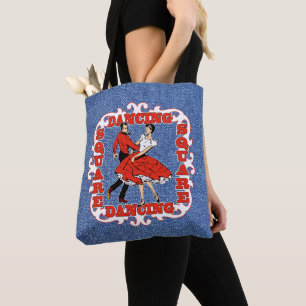 Tote Bag Carré Couple Dansant En Rouge/Faux Denim Arrière -
