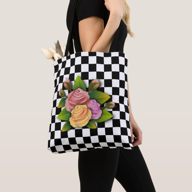 Tote Bag Carré Et Roses Noir Et Blanc (De près)