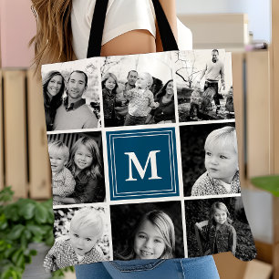 Tote Bag Carré Photo Collage Marine Monogramme Custom