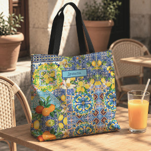 Tote Bag Carreau de motif sicilien citrique bleu turquoise