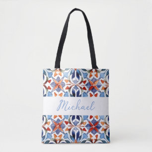 Tote Bag Carreau Floral Espagnol Bleu Et Rouge