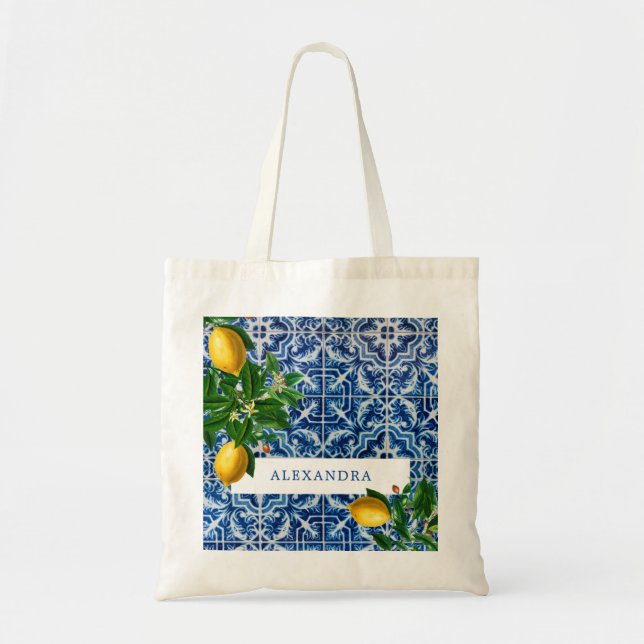 Tote Bag Carreaux bleu Bridesmaid Lemons Personnel (Devant)