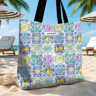 Tote Bag Carreaux d'Azulejo siciliens bleus chic d'Amalfi