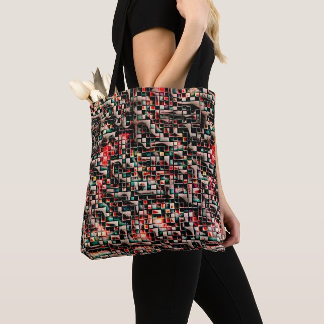 Tote Bag Carreaux foncés de style brut texturé, carrés en m (De près)