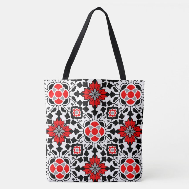 Tote Bag Carrelage marocain floral, rouge profond, noir et  (Devant)